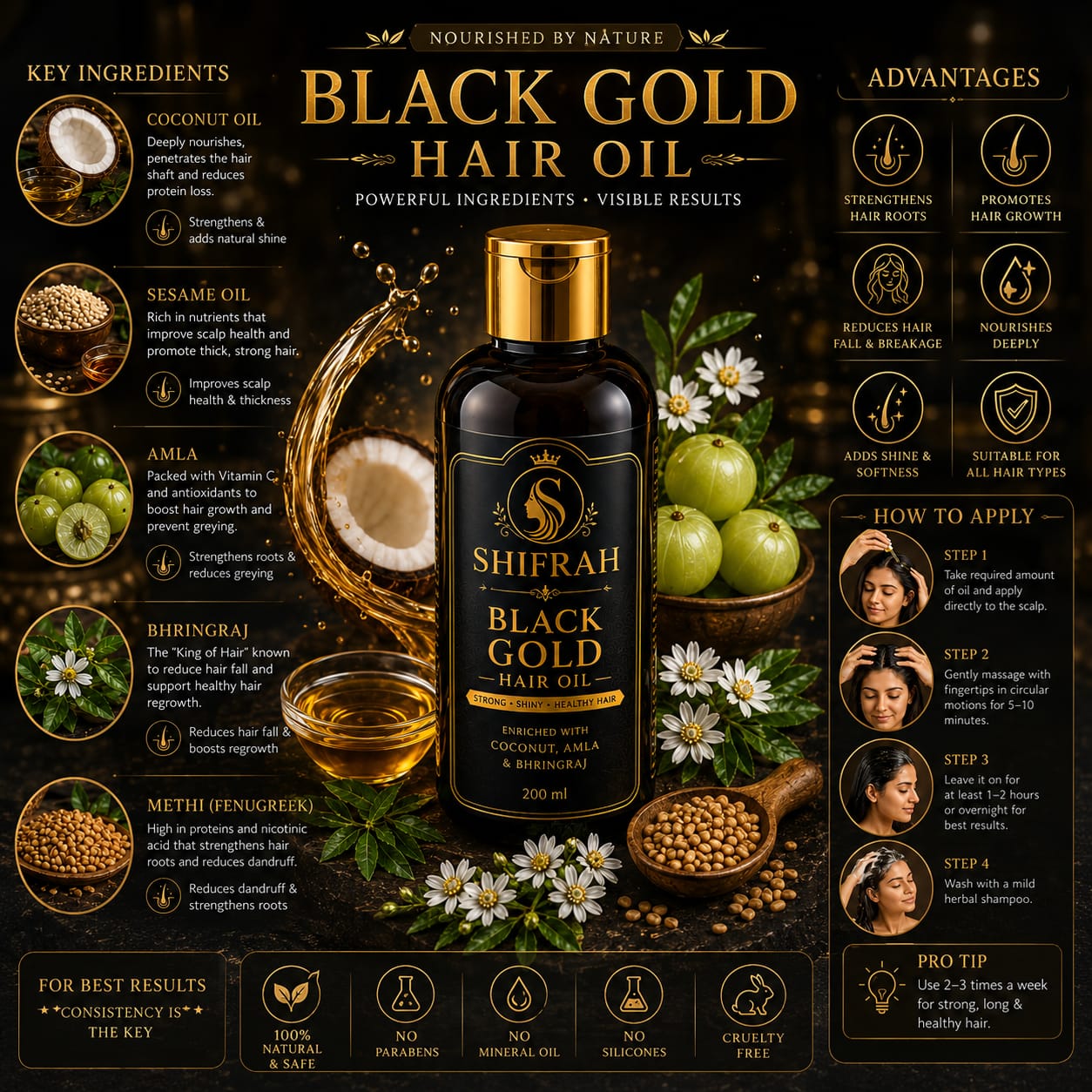SHIFRAH Black Gold Hair Oil- Ayurveda Oil 60day challenging